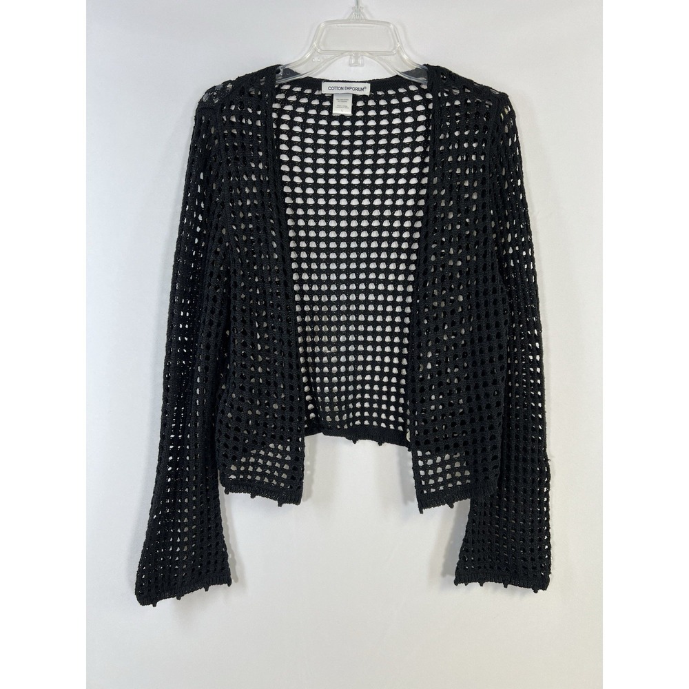 Y2K Open Cage Knit Cardigan Sweater Womens L Black Flare Sleeve Fairy Whimsigoth